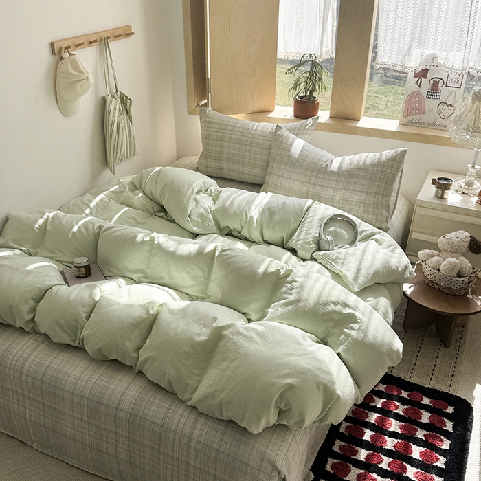 91家纺网 家纺一手货源 找家纺 爱思佳 2026新款全棉双层纱混搭格子系列四件套 青柠-绿