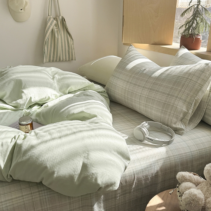 91家纺网 家纺一手货源 找家纺 爱思佳 2026新款全棉双层纱混搭格子系列四件套 青柠-绿