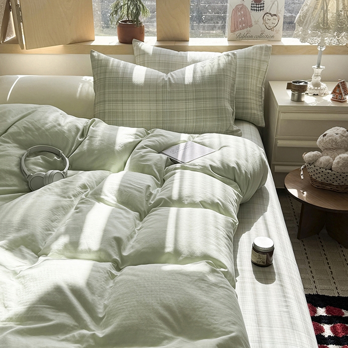 91家纺网 家纺一手货源 找家纺 爱思佳 2026新款全棉双层纱混搭格子系列四件套 青柠-绿