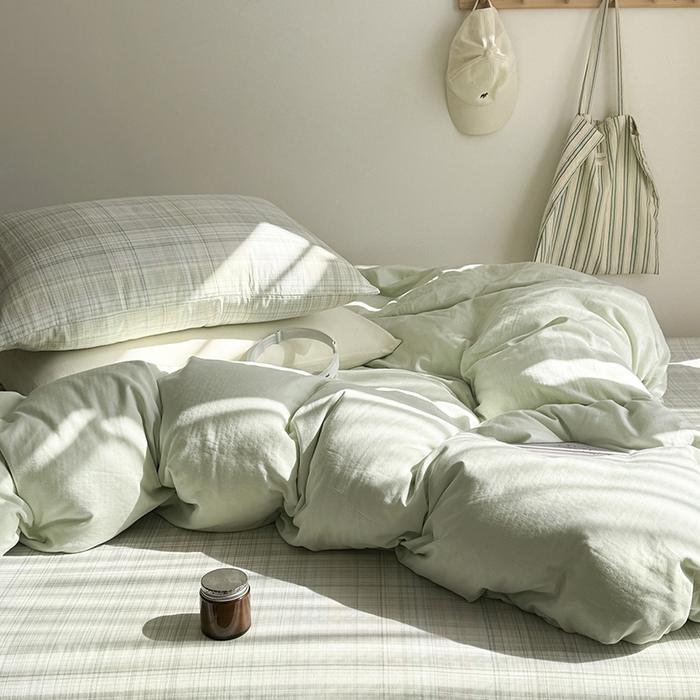 91家纺网 家纺一手货源 找家纺 爱思佳 2026新款全棉双层纱混搭格子系列四件套 青柠-绿