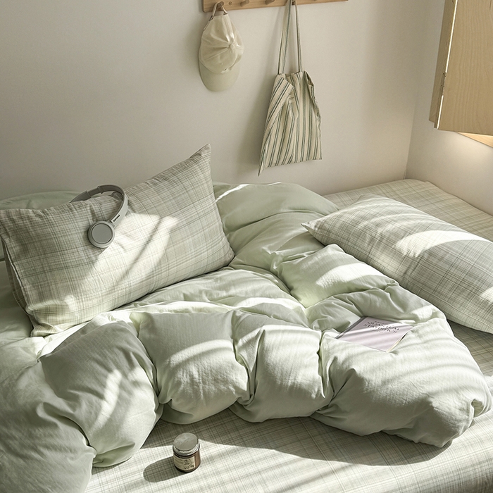 91家纺网 家纺一手货源 找家纺 爱思佳 2026新款全棉双层纱混搭格子系列四件套 青柠-绿