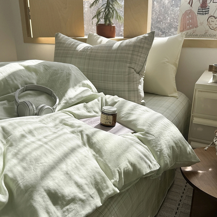 91家纺网 家纺一手货源 找家纺 爱思佳 2026新款全棉双层纱混搭格子系列四件套 青柠-绿