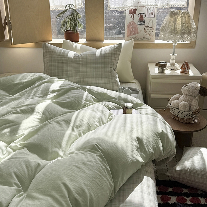 91家纺网 家纺一手货源 找家纺 爱思佳 2026新款全棉双层纱混搭格子系列四件套 青柠-绿