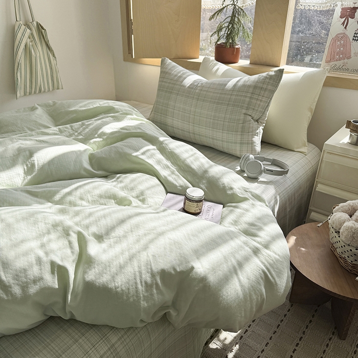 91家纺网 家纺一手货源 找家纺 爱思佳 2026新款全棉双层纱混搭格子系列四件套 青柠-绿