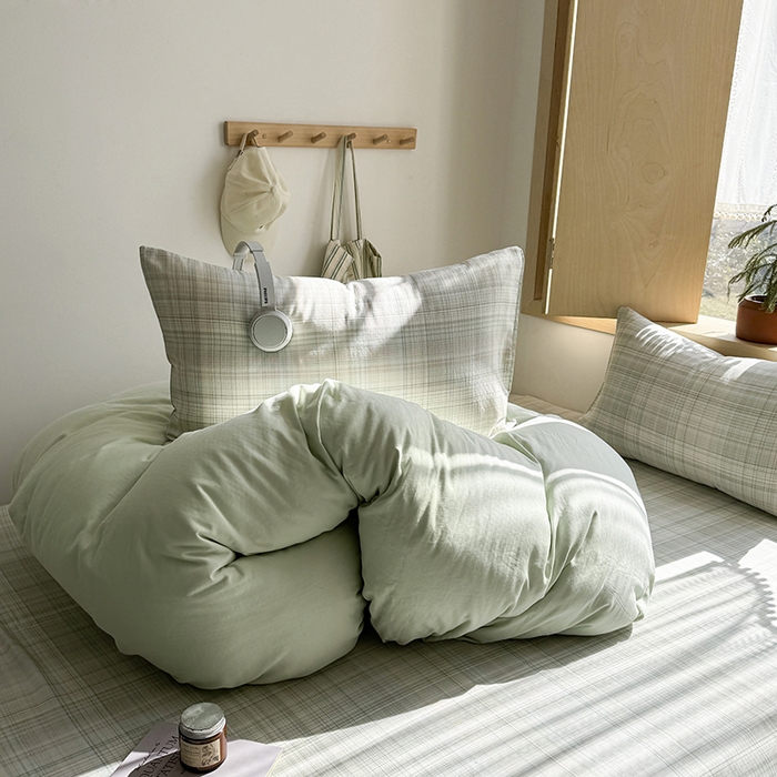 91家纺网 家纺一手货源 找家纺 爱思佳 2026新款全棉双层纱混搭格子系列四件套 青柠-绿