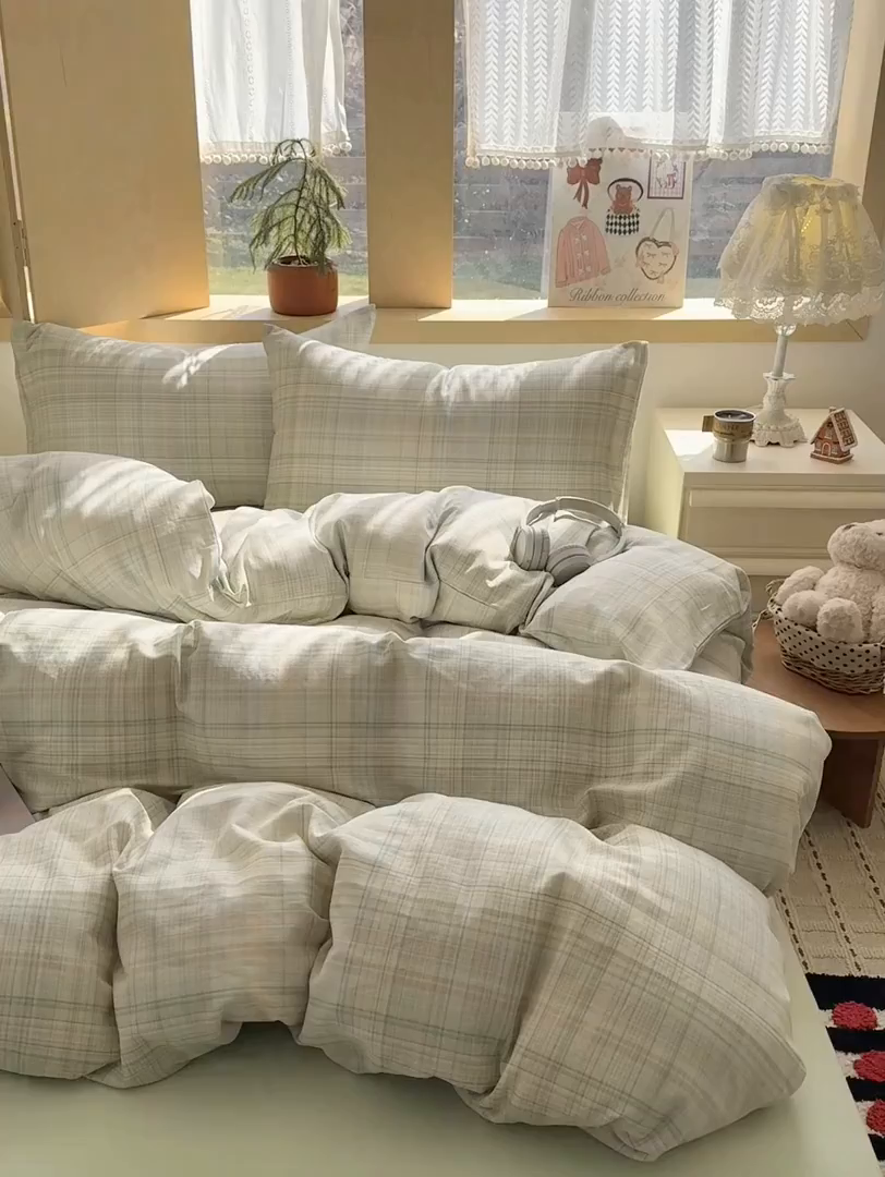 91家纺网 家纺一手货源 找家纺 爱思佳 2026新款全棉双层纱混搭格子系列四件套 青柠-绿