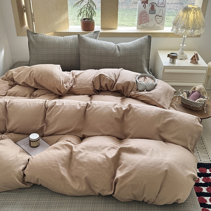 91家纺网 家纺一手货源 找家纺 爱思佳 2026新款全棉双层纱混搭格子系列四件套 肉桂-樊可