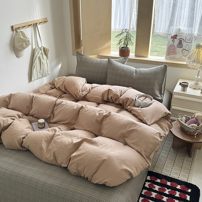 91家纺网 家纺一手货源 找家纺 爱思佳 2026新款全棉双层纱混搭格子系列四件套 肉桂-樊可