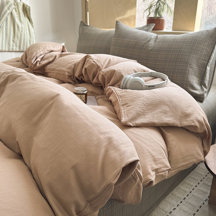 91家纺网 家纺一手货源 找家纺 爱思佳 2026新款全棉双层纱混搭格子系列四件套 肉桂-樊可