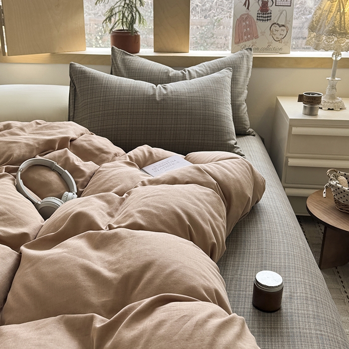 91家纺网 家纺一手货源 找家纺 爱思佳 2026新款全棉双层纱混搭格子系列四件套 肉桂-樊可