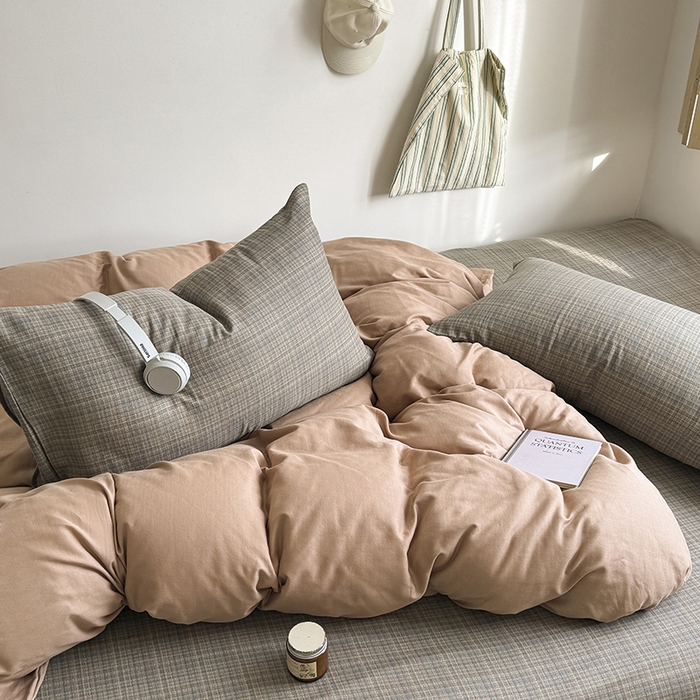 91家纺网 家纺一手货源 找家纺 爱思佳 2026新款全棉双层纱混搭格子系列四件套 肉桂-樊可