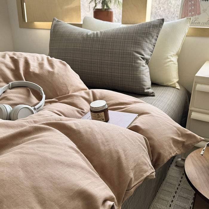 91家纺网 家纺一手货源 找家纺 爱思佳 2026新款全棉双层纱混搭格子系列四件套 肉桂-樊可