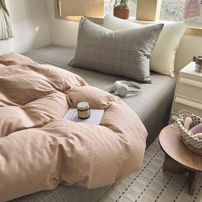 91家纺网 家纺一手货源 找家纺 爱思佳 2026新款全棉双层纱混搭格子系列四件套 肉桂-樊可