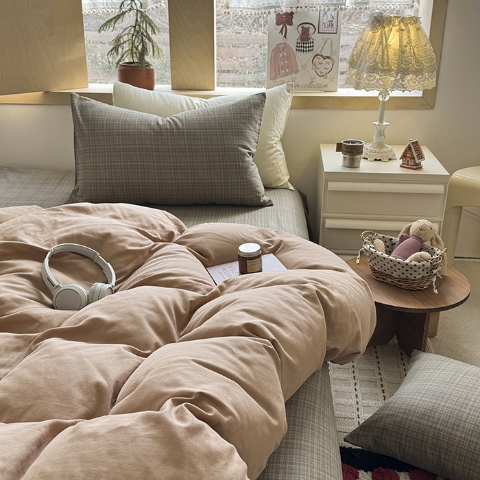 91家纺网 家纺一手货源 找家纺 爱思佳 2026新款全棉双层纱混搭格子系列四件套 肉桂-樊可