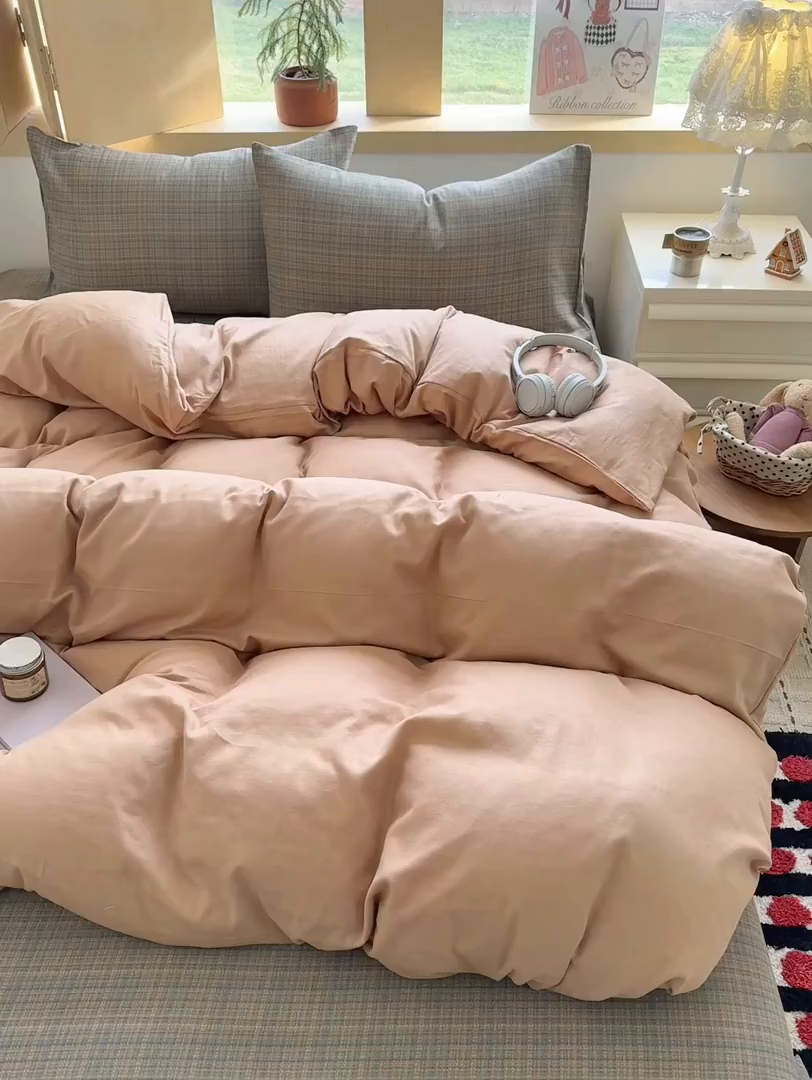 91家纺网 家纺一手货源 找家纺 爱思佳 2026新款全棉双层纱混搭格子系列四件套 肉桂-樊可