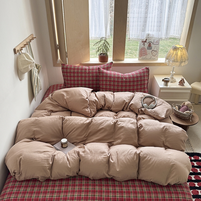 爱思佳 2026新款全棉双层纱混搭格子系列四件套 肉桂-赫本红