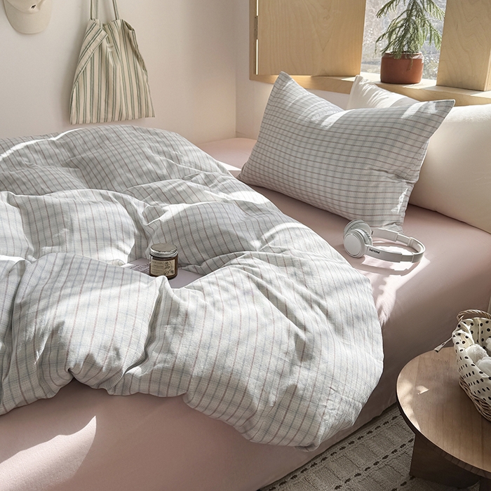 91家纺网 家纺一手货源 找家纺 爱思佳 2026新款全棉双层纱混搭格子系列四件套 追光-粉