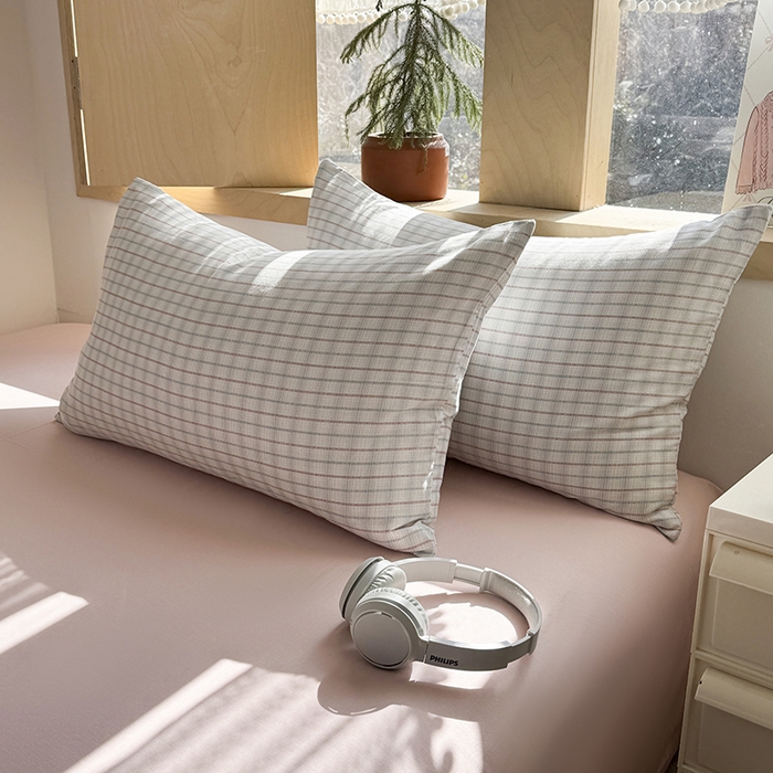 91家纺网 家纺一手货源 找家纺 爱思佳 2026新款全棉双层纱混搭格子系列四件套 追光-粉