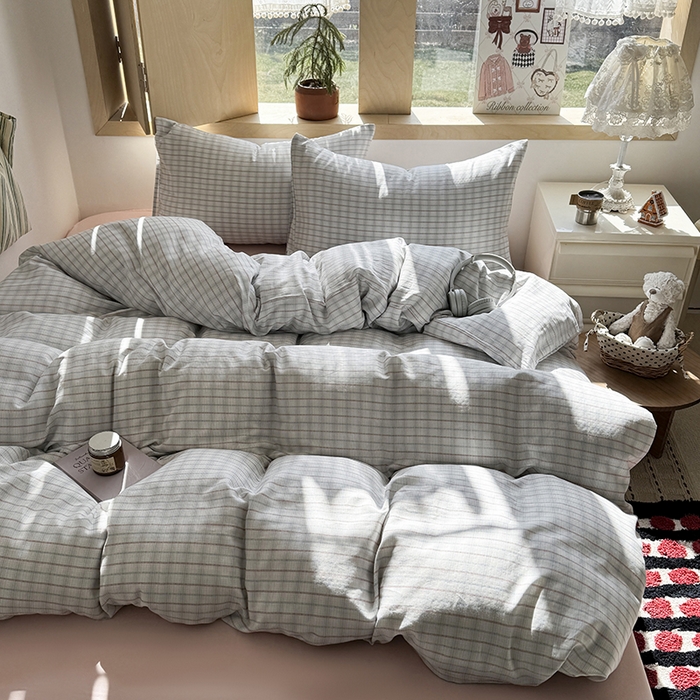 91家纺网 家纺一手货源 找家纺 爱思佳 2026新款全棉双层纱混搭格子系列四件套 追光-粉