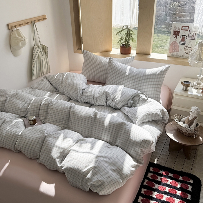 91家纺网 家纺一手货源 找家纺 爱思佳 2026新款全棉双层纱混搭格子系列四件套 追光-粉