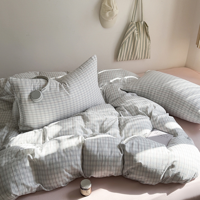 91家纺网 家纺一手货源 找家纺 爱思佳 2026新款全棉双层纱混搭格子系列四件套 追光-粉