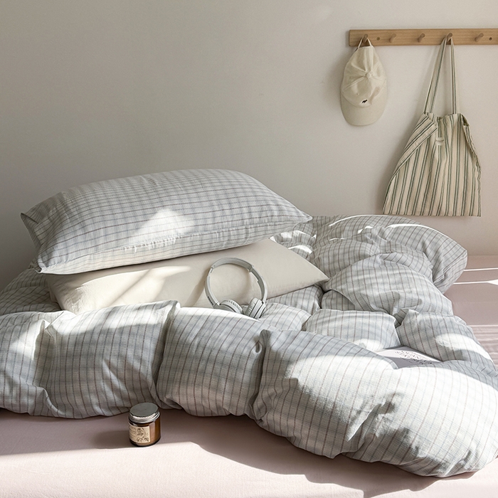 91家纺网 家纺一手货源 找家纺 爱思佳 2026新款全棉双层纱混搭格子系列四件套 追光-粉