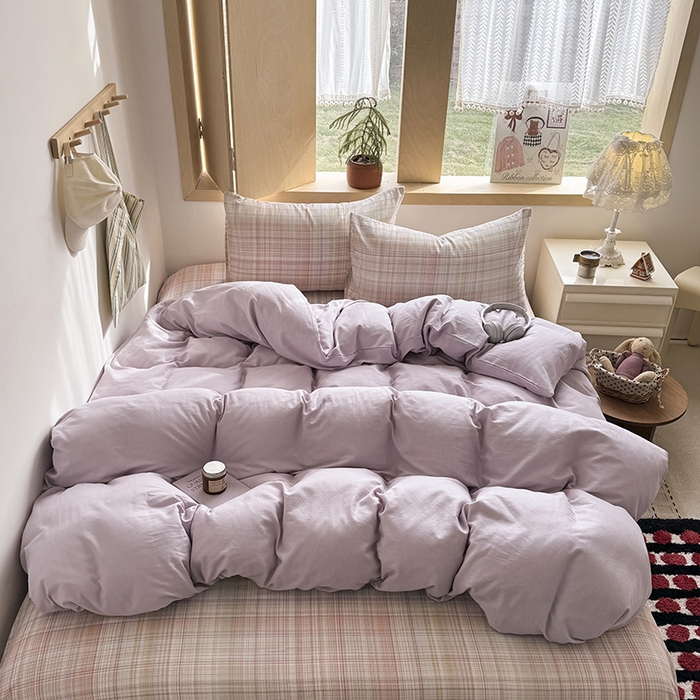 91家纺网 家纺一手货源 找家纺 爱思佳 2026新款全棉双层纱混搭格子系列四件套 紫-逐风