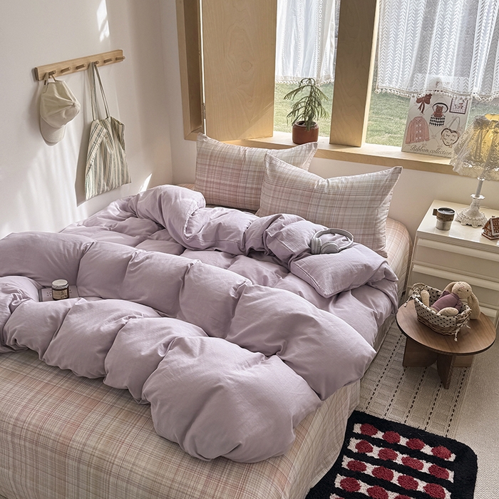 91家纺网 家纺一手货源 找家纺 爱思佳 2026新款全棉双层纱混搭格子系列四件套 紫-逐风