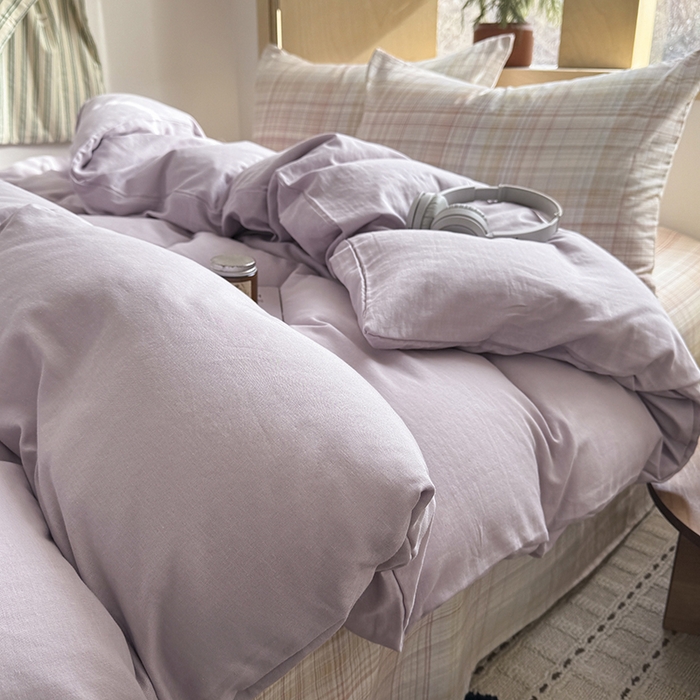 91家纺网 家纺一手货源 找家纺 爱思佳 2026新款全棉双层纱混搭格子系列四件套 紫-逐风