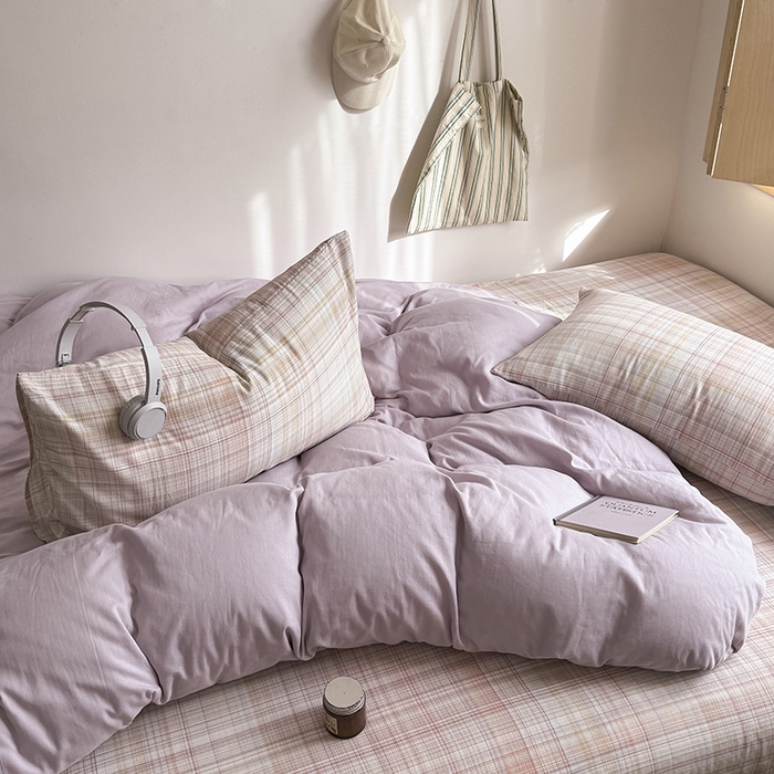 91家纺网 家纺一手货源 找家纺 爱思佳 2026新款全棉双层纱混搭格子系列四件套 紫-逐风