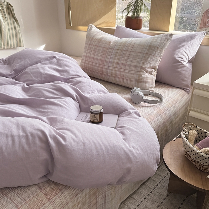 91家纺网 家纺一手货源 找家纺 爱思佳 2026新款全棉双层纱混搭格子系列四件套 紫-逐风