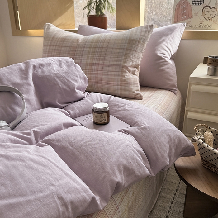 91家纺网 家纺一手货源 找家纺 爱思佳 2026新款全棉双层纱混搭格子系列四件套 紫-逐风