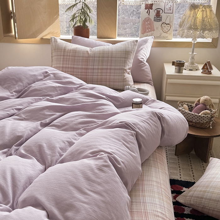 91家纺网 家纺一手货源 找家纺 爱思佳 2026新款全棉双层纱混搭格子系列四件套 紫-逐风