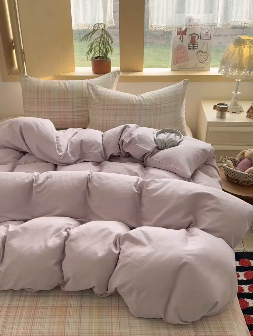 91家纺网 家纺一手货源 找家纺 爱思佳 2026新款全棉双层纱混搭格子系列四件套 紫-逐风