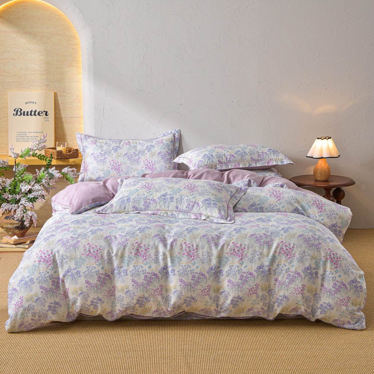 91家纺网 家纺一手货源 找家纺 金昱纺 2026新款全棉纯棉双层纱印花四件套 花纷飞-紫