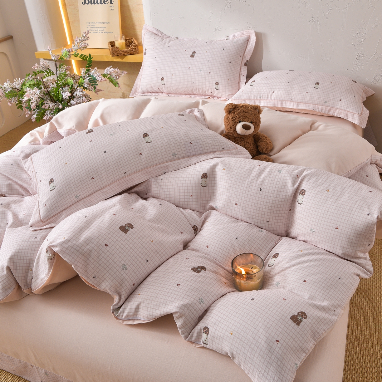 91家纺网 家纺一手货源 找家纺 金昱纺 2026新款全棉纯棉双层纱印花四件套 奥利狗-咖