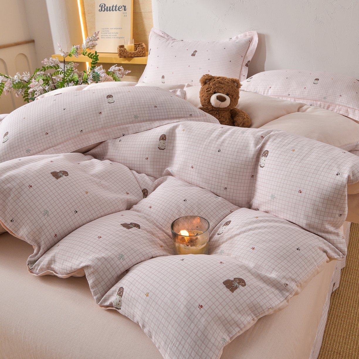 91家纺网 家纺一手货源 找家纺 金昱纺 2026新款全棉纯棉双层纱印花四件套 奥利狗-咖