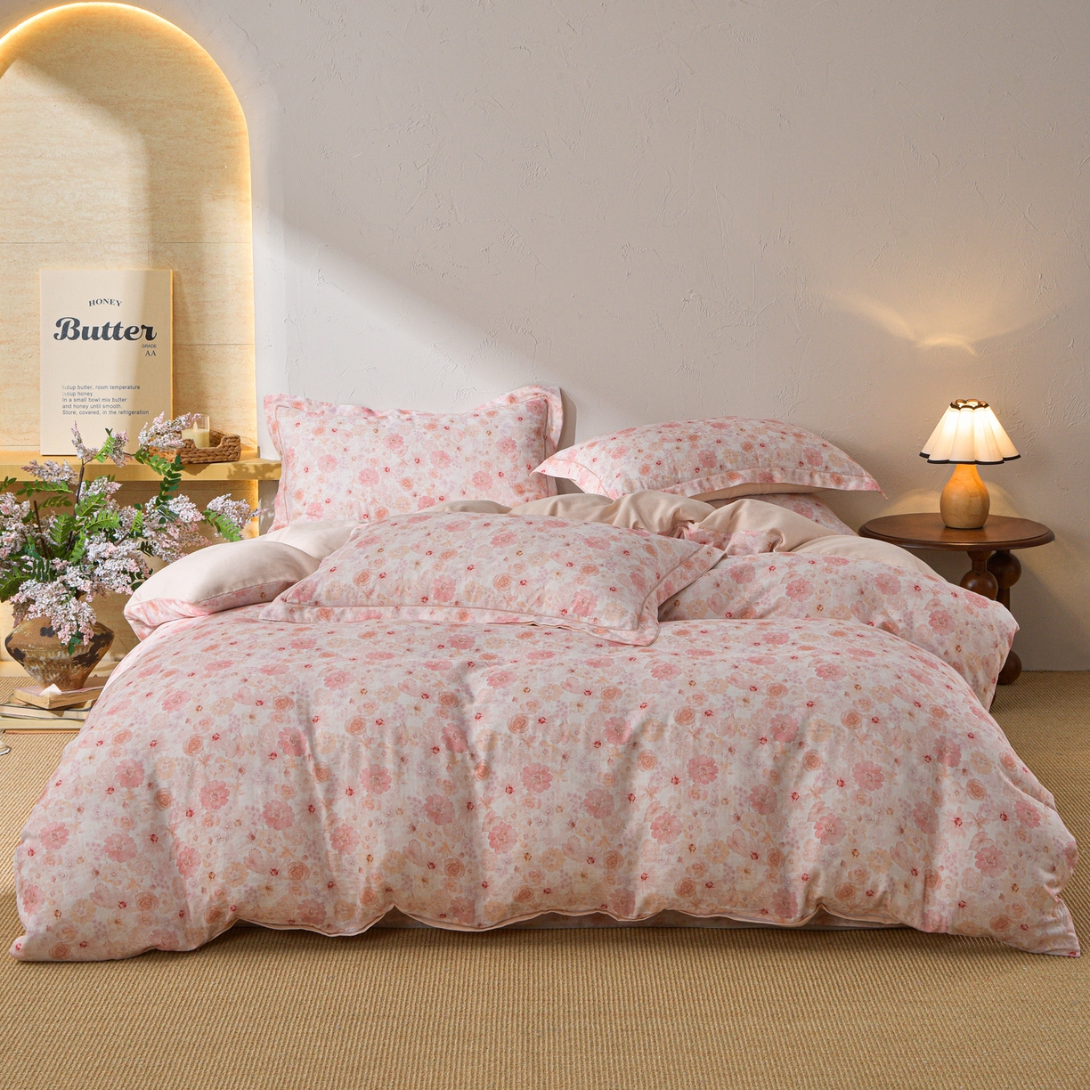 金昱纺 2026新款全棉纯棉双层纱印花四件套 风谷幽兰-粉