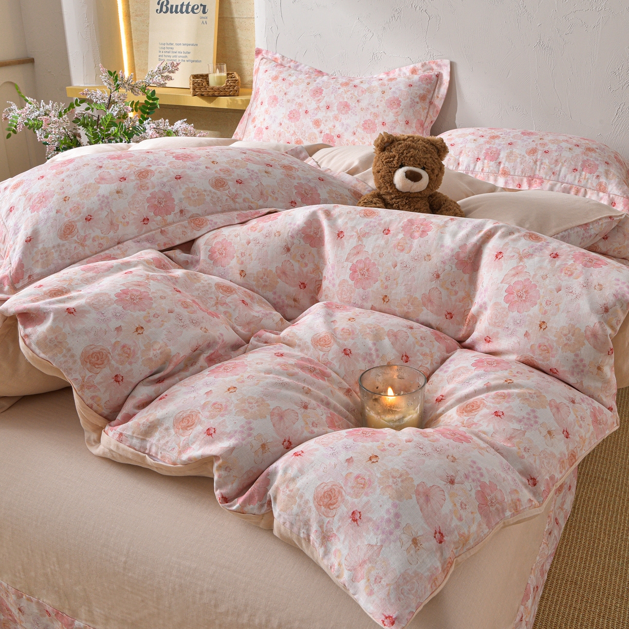 91家纺网 家纺一手货源 找家纺 金昱纺 2026新款全棉纯棉双层纱印花四件套 风谷幽兰-粉