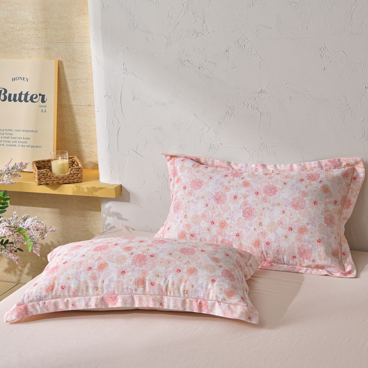 91家纺网 家纺一手货源 找家纺 金昱纺 2026新款全棉纯棉双层纱印花四件套 风谷幽兰-粉