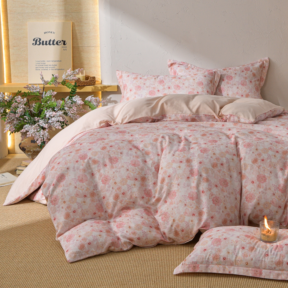 91家纺网 家纺一手货源 找家纺 金昱纺 2026新款全棉纯棉双层纱印花四件套 风谷幽兰-粉