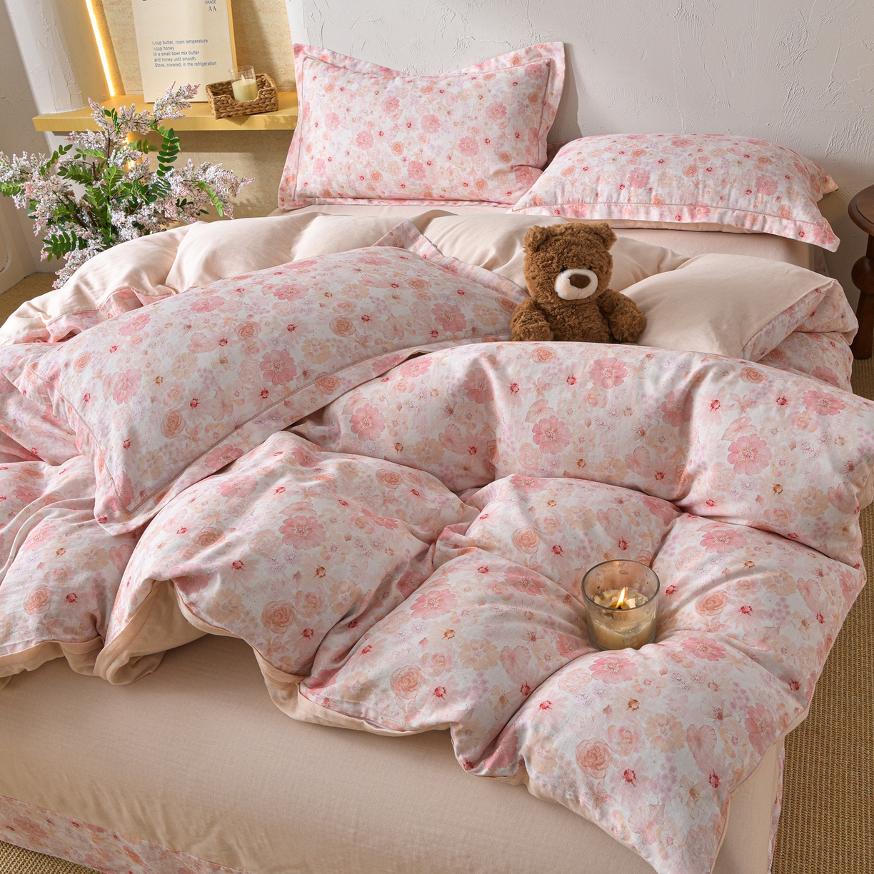 91家纺网 家纺一手货源 找家纺 金昱纺 2026新款全棉纯棉双层纱印花四件套 风谷幽兰-粉