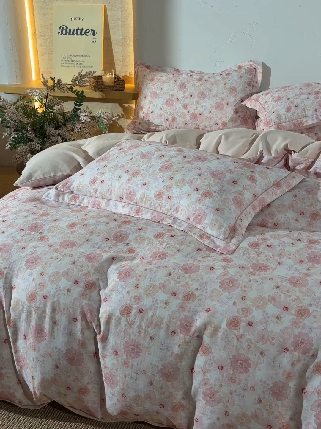 91家纺网 家纺一手货源 找家纺 金昱纺 2026新款全棉纯棉双层纱印花四件套 风谷幽兰-粉