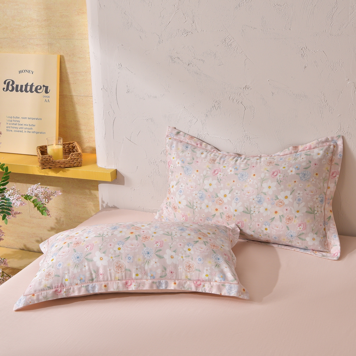 91家纺网 家纺一手货源 找家纺 金昱纺 2026新款全棉纯棉双层纱印花四件套 观上月白-粉