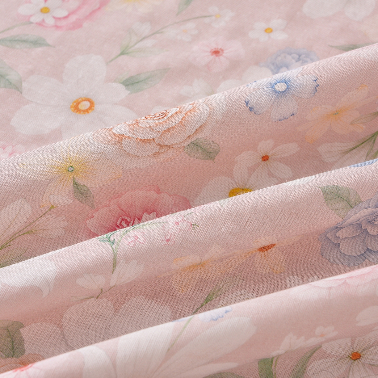 91家纺网 家纺一手货源 找家纺 金昱纺 2026新款全棉纯棉双层纱印花四件套 观上月白-粉