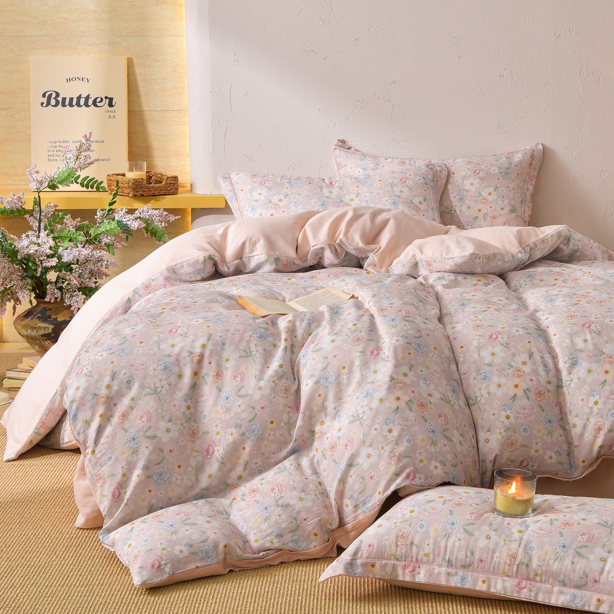 91家纺网 家纺一手货源 找家纺 金昱纺 2026新款全棉纯棉双层纱印花四件套 观上月白-粉