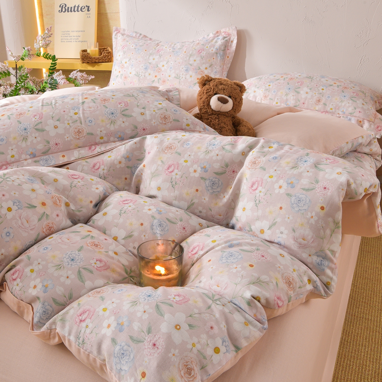 91家纺网 家纺一手货源 找家纺 金昱纺 2026新款全棉纯棉双层纱印花四件套 观上月白-粉