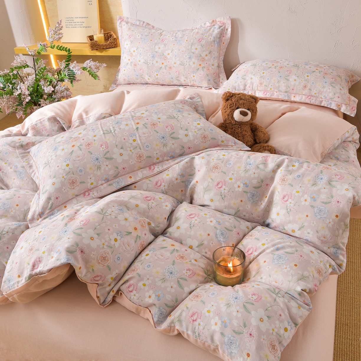 91家纺网 家纺一手货源 找家纺 金昱纺 2026新款全棉纯棉双层纱印花四件套 观上月白-粉