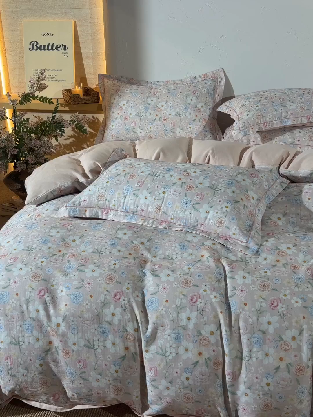 91家纺网 家纺一手货源 找家纺 金昱纺 2026新款全棉纯棉双层纱印花四件套 观上月白-粉