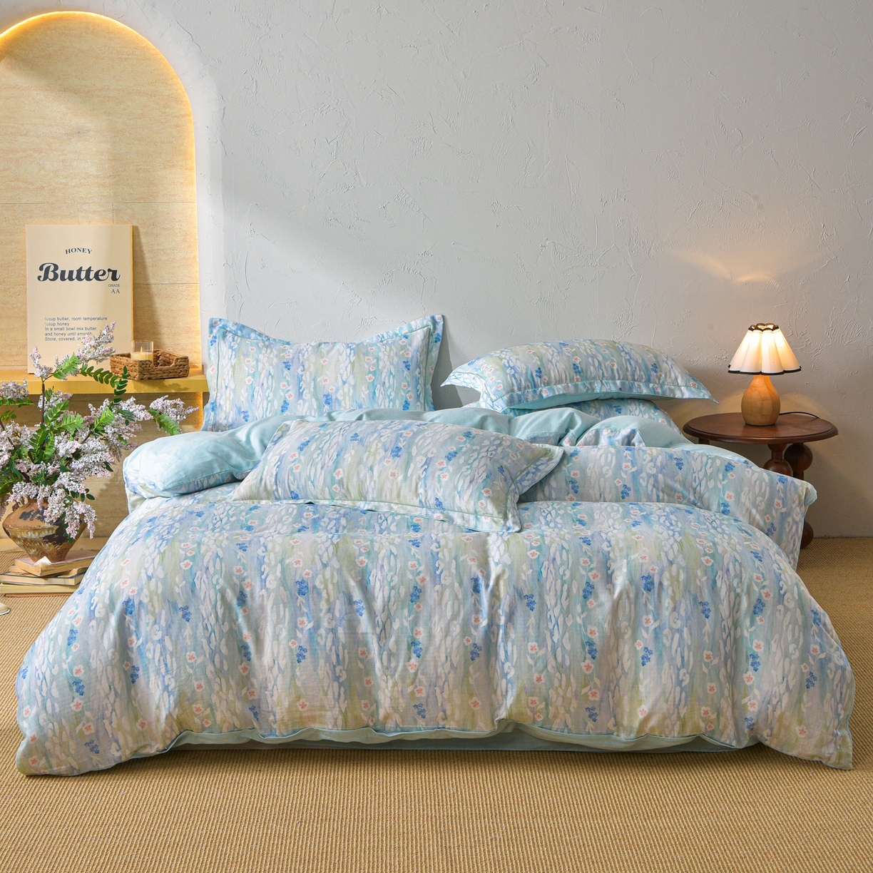 金昱纺 2026新款全棉纯棉双层纱印花四件套 禾棠映月-兰